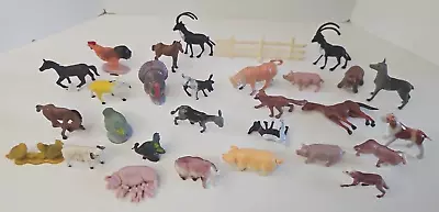 VTG Miniature 29 Plastic Farm Animals Fence Deer Tools Pigs Cake Toppers Cupcake • $17.95