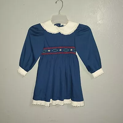 Vintage Polly Flinders Smocked Blue Girls Dress Size 4 Easter Birthday Party • $16.49