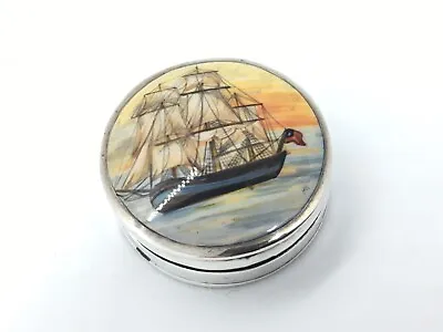 £45 • Buy Solid Sterling Silver Enamel Pill Box / Circular Pot With Ship Image To Lid