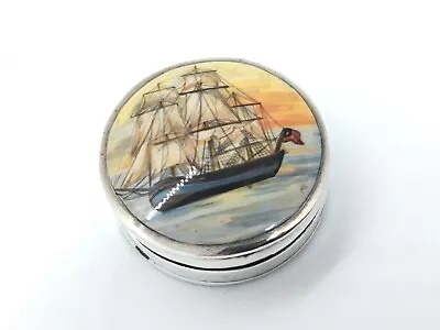 £45 • Buy Solid Sterling Silver Enamel Pill Box / Circular Pot With Ship Image To Lid