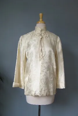Vintage Ivory Satin Jacket Chinese Brocade Off White With Pockets • $24