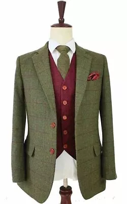 Olive Green Plaid Men Tweed Suit Vintage Groom Tuxedo Suit Prom Party Blazer • $101.92