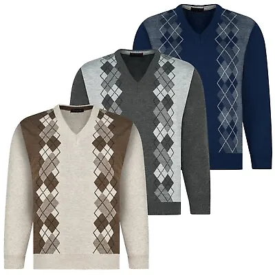 Mens Knitted V Neck Diamond Jumper  Long Sleeve Classic Sweater S To 2XL • £15.95