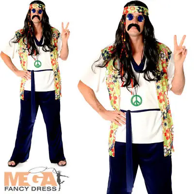 Cool Hippie Guy Mens Fancy Dress 1960s 70s Groovy Adults Hippy Costume Outfit • £9.99