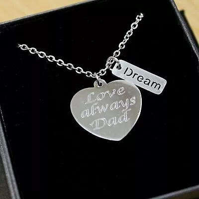 Engraved Necklace Heart Pendant Dream Charm Personalised Jewellery Birthday Gift • £13.49