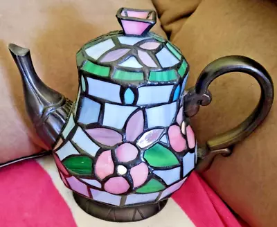 Vintage Tiffany Style Floral Stained Glass Tea Pot Table Lamp By Cheyenne Decor • $49.99