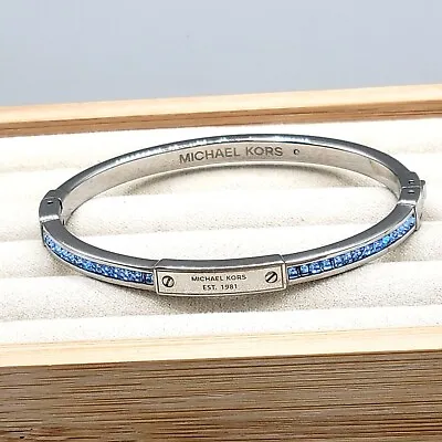 Michael Kors Stainless Steel Bangle Bracelet Blue Pave Crystals Locking Hinge • $35