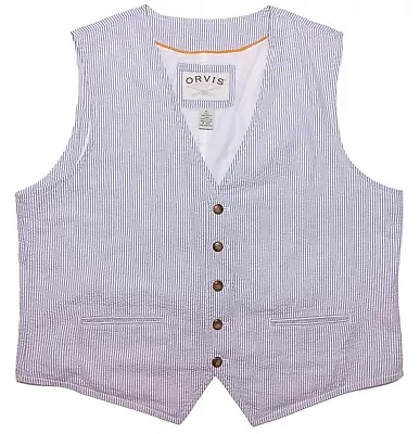 ORVIS Seersucker Waistcoat Suit Vest 100% Cotton Blue Striped XL • $49.99