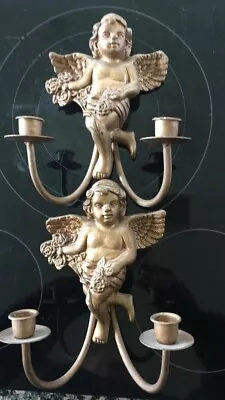 Vintage PAIR Italian Florentine Figural Cherub Putti Gilded Candlesticks  • $37