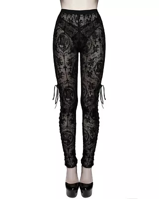 Devil Fashion Womens Gothic Leggings Black Flock Velvet Mesh Lace Up Skull Cross • £26.99