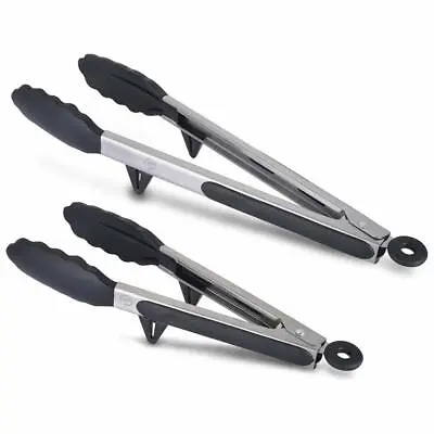 Kitchen Tong With Built-in Stand Food Tongs Set Of 2 Stainless Steel & Silicone • $11.95