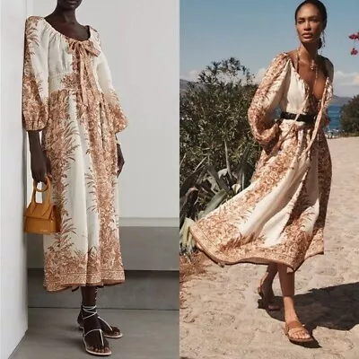 Zimmermann Moonshine Printed Linen Floral Brown Cream Midi Dress Size 2P • $329