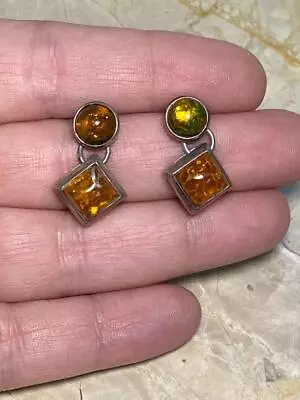 Vintage Sterling Silver Genuine Baltic Amber Dangle Earrings ~ 7g ~ 2-A176 • $34.99