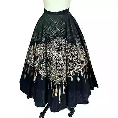 50s VTG Circle Skirt Black Gold Mayan Calendar Colorful Sz L/XL Rockabilly Dance • $244