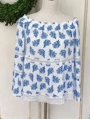 Michael Kors Peasant Top Blue/White Coral Print 3/4 Bell Sleeve Size L • $19