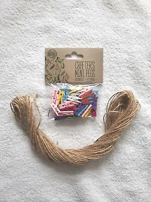 40 Mini Wooden PEGs & 20mtr JUTE String Hold Hang Note Photo Craft Scrapbook  • £3.89