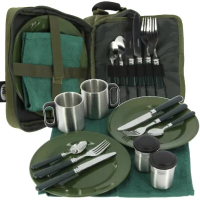 NGT Deluxe Fishing Camping Picnic Cutlery Set 2 Plates Forks Towel Mugs Bag Carp • £27.95