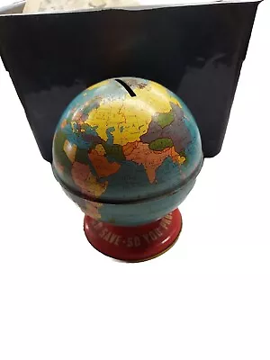 Vintage 1950s Ohio Art Co. Tin World Globe Coin Bank-As You Save So You Prosper • $9.99