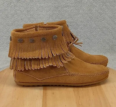 Minnetonka Moccasins Boots 7 Double Fringe Ankle Booties Suede Leather Gum 697T • £31.75