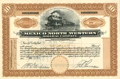 Mexico North Western Railway Co. - Stock Certificate - Mexican Stocks & Bonds • $125