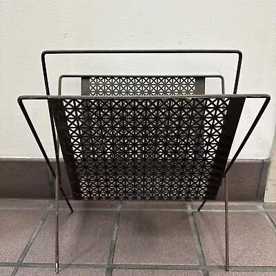 Vintage Mid Century Modern Atomic  Metal Iron Magazine Rack Perforated • $9.99