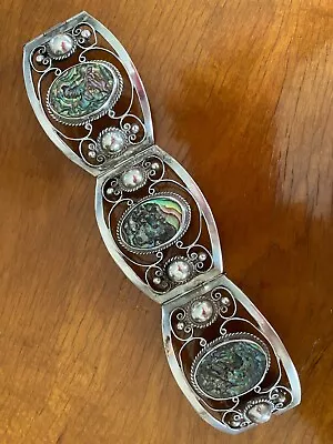 Huge Vintage Mexico Sterling 925 Fd Abalone Ball Scroll Panel Bracelet *61.7 Gm* • $35.99