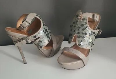 L.A.M.B. Size 5 1/2M Taupe Leather & Sequin Platform High Heels Sandals LAMB • $34.95