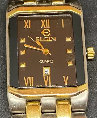 Bold Men's ELGIN Quartz Tank Watch Date Silver & Gold Working & Great Condition • $35