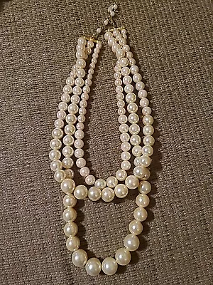 Vintage Extra Large Graduated Faux Pearl 3 Strand Necklace Ready To Wear • $5.95