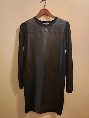 Vince Black Wool Leather Cotton Long Sleeve Dress NWT Small $545.00 • $54.50