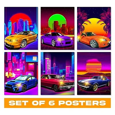 Vibrant Neon Car Game Room Set Of 6 Wall Posters - Neon Car Fanatic's Room Decor • £12.99