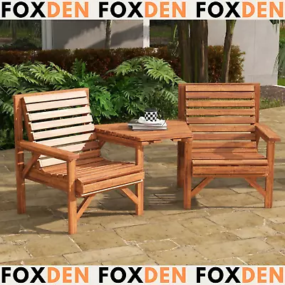 Wooden Garden Love Seat Rustic Companion Bench Set 2 Chairs Outdoor Patio Table • £138.97