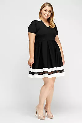 Women Curve Skater Dress Black White Pleated Short Sleeve V-Neck Mono Dress Plus • £12.99