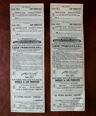 Set Of 2 Vtg 1920's SIERRA RAILWAY RAILROAD Fare TICKETS Train RR Oakdale - S.F. • $14.95