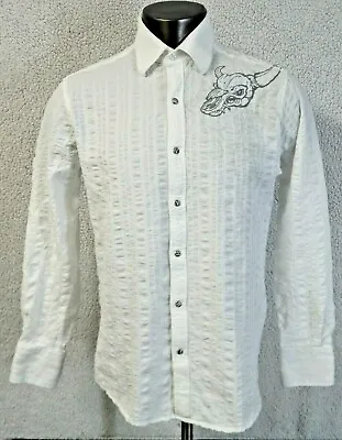 Mens Cowboy Up Long Sleeve Button Front Shirt Pearl Snap White Cotton Ruffle M  • $24.99