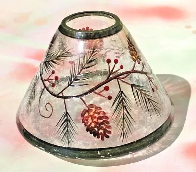 $37.95 • Buy Crackle Glass Pine Boughs Berries Pinecones Large Candle Jar Shade Cover Topper 