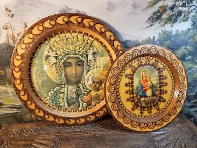 2 Vintage Wooden Wall Plates Ornate Pyrography Religious Mary Jesus Decoupage • $2.99