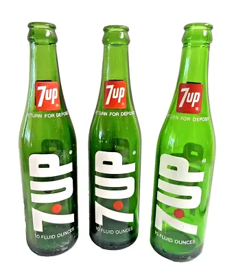 Vintage 7up 10oz Green Glass Bottles 3pc 1973 & 1974 • $8.99