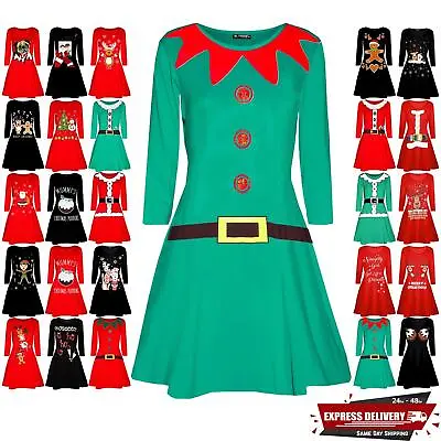 Womens Christmas Xmas Ladies Elf Santa's Little Helper Belt Costume Swing Dress • £8.69