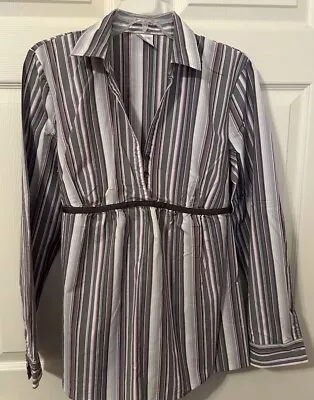 Motherhood Maternity Long Sleeve Gray Striped Blouse W/Ribbon Sash Sz Large • $10