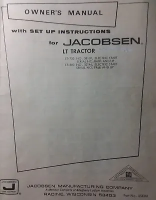 $182.09 • Buy Jacobsen Chief LT-750 & 860 Lawn Tractor & Implements Owner & Parts (6 Manual S)