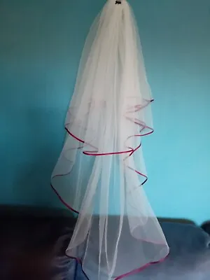 Wedding Veil Ivory 2 Tier Fingertip Length Burgundy Edge V17 • £9