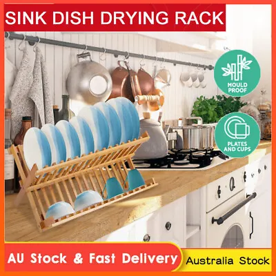 Double Tier Folding Dish Bamboo Rack Drainer Drying Kitchen Organizer Foldable • $26.89
