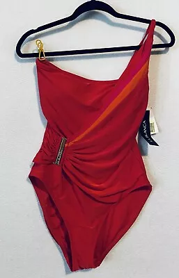 La Blanca Swimsuit Womens 10 Red One Piece Ruched One Shoulder Flattering Beach • $53.95