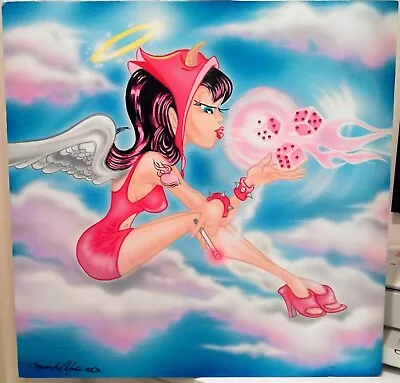  Vtg Large Airbrushed Pop Art On Wood  Devil Or Angel  2002  Signed By Artist  • $28.88