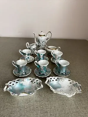 Vintage Miniature Child’s Porcelain Tea Set 18 Pieces Blue/Silver/Gold Trim • $42.95