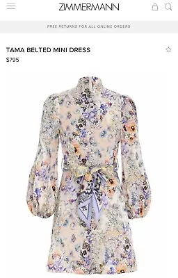 $227.50 • Buy ZIMMERMANN TAMA BELTED MINI DRESS Size 3 