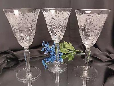 3 Vintage/Antique Morgantown  Milan  Lacy Needle Etched Wine Glasses Goblets Set • $35.99