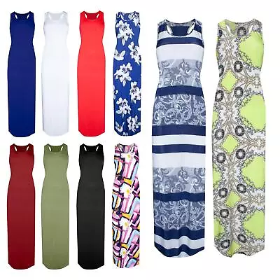 Ladies Womens Muscle Racer Back Sleeveless Stretchy Vest Long Flared Maxi Dress • £7.49