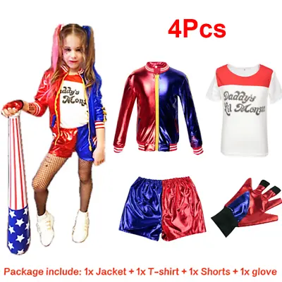 Kids Girls Harley Quinn Suicide Squad Costume Halloween Cosplay Fancy Dress UK • £12.89